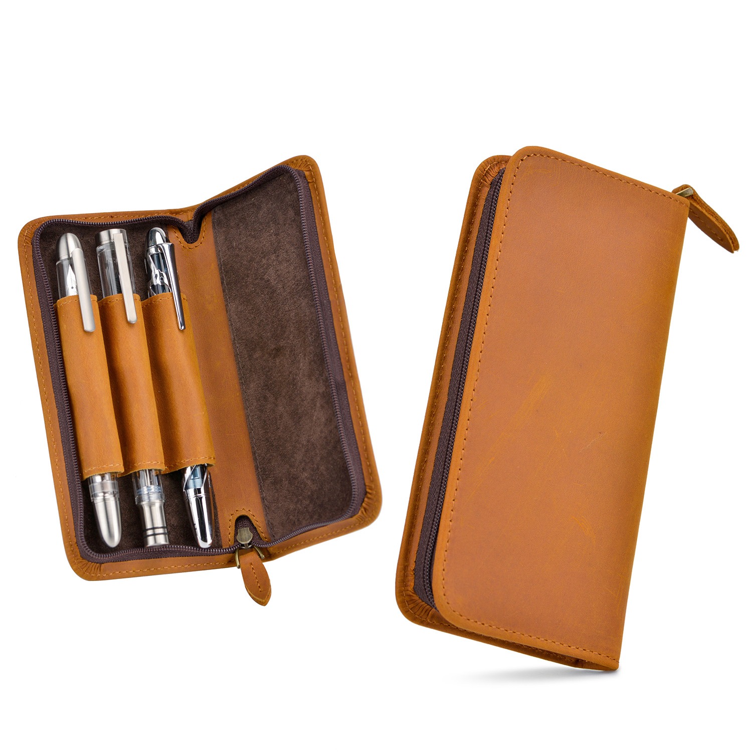 Leather Fountain Pen Case 3 Slots Pouch - Asvine Luxury 3 Slots Fountain Pen