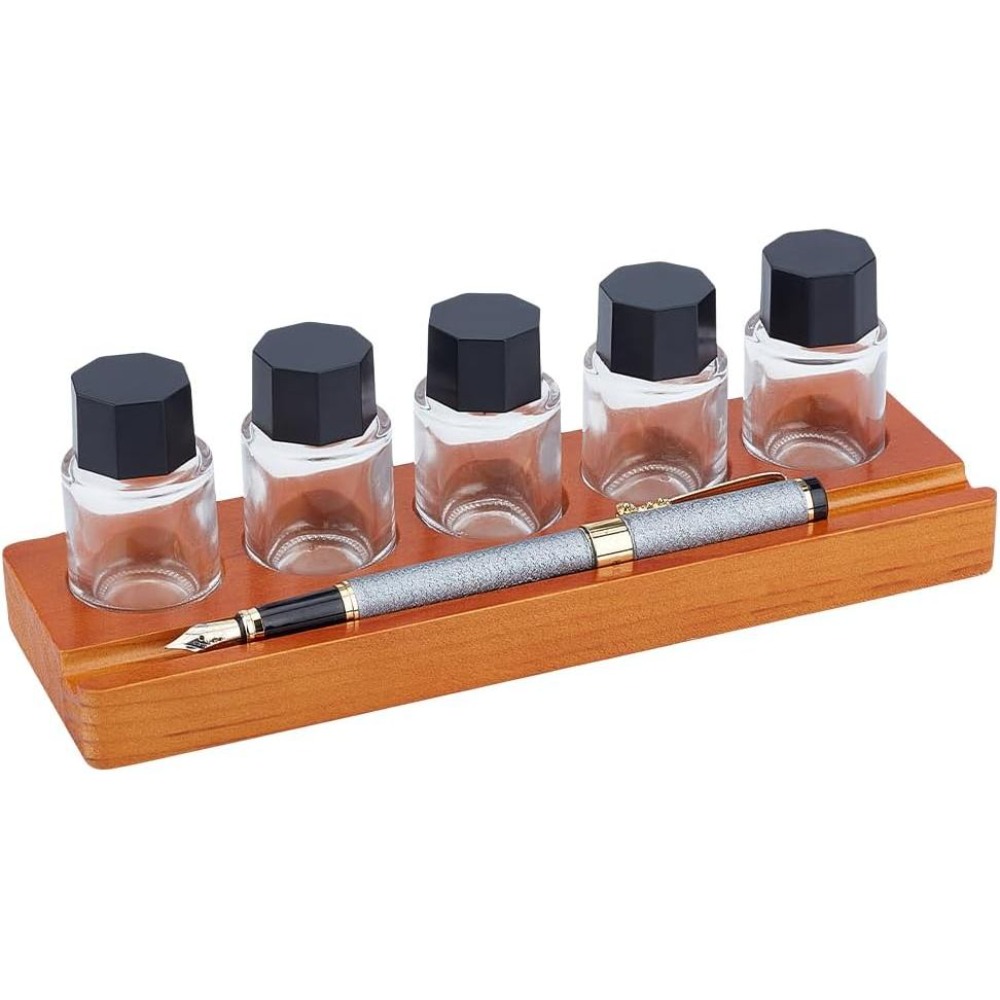 Wooden Fountain Pen Desk Stand Holder - 5-Hole Calligraphy Ink Pot Holder Set