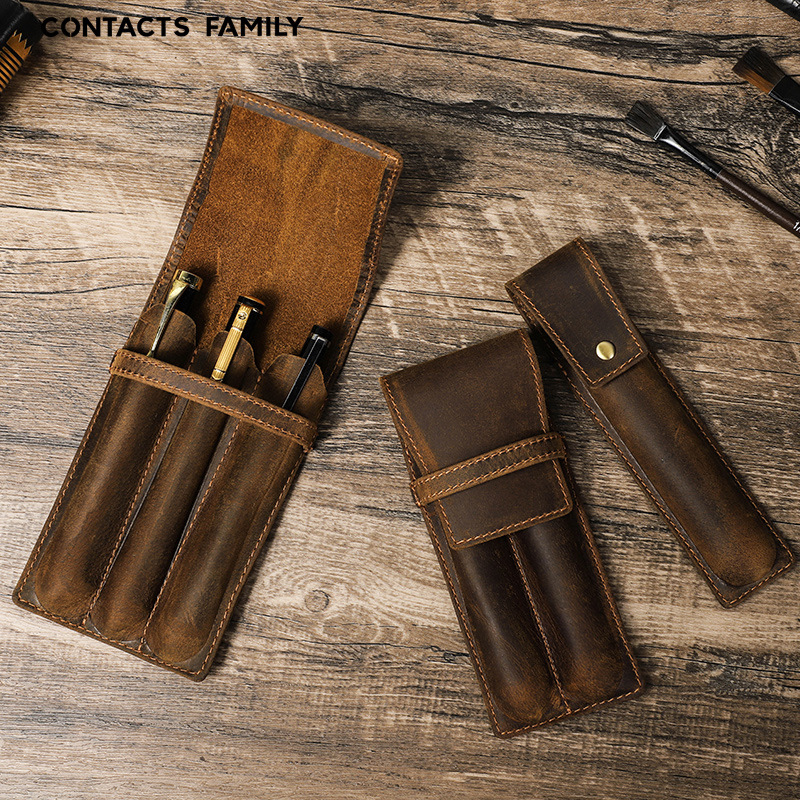 Vintage Crazy Horse Leather Pe - Leather Fountain Pen Case 3 Slots Pouch 评论和价格