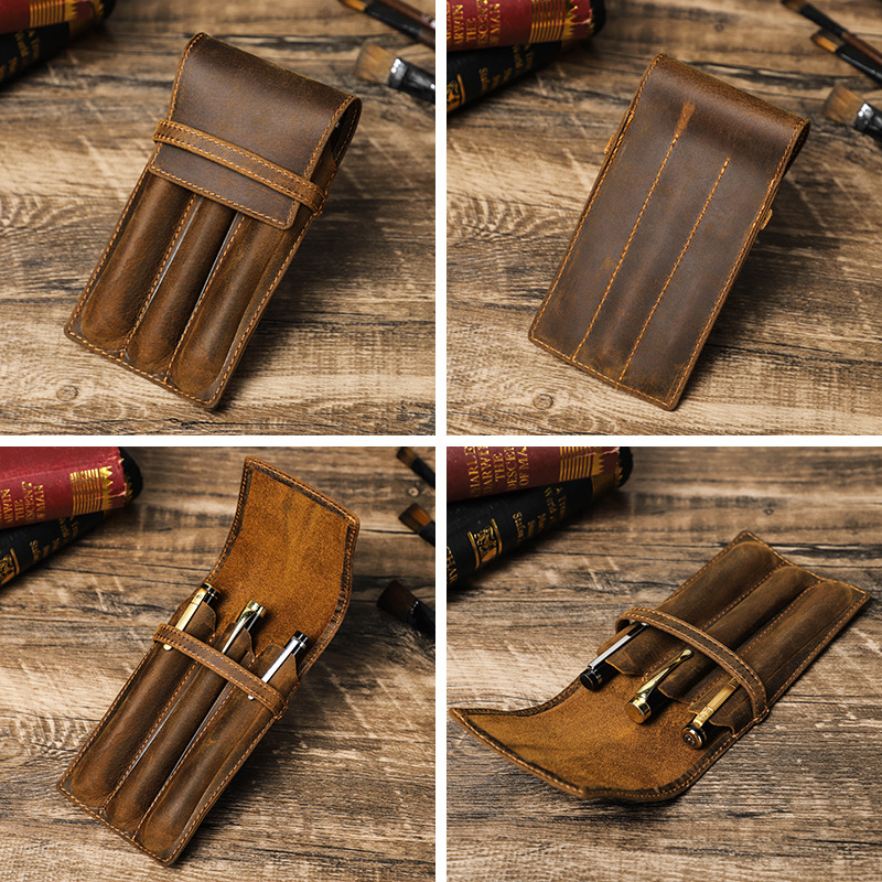 Vintage Crazy Horse Leather Pe - Leather Fountain Pen Case 3 Slots Pouch 评论和价格