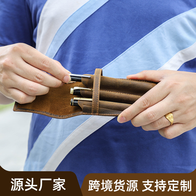 Vintage Crazy Horse Leather Pe - Leather Fountain Pen Case 3 Slots Pouch 评论和价格
