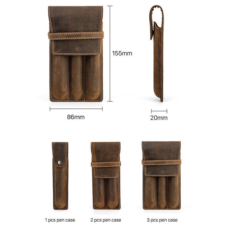 Vintage Crazy Horse Leather Pe - Leather Fountain Pen Case 3 Slots Pouch 评论和价格