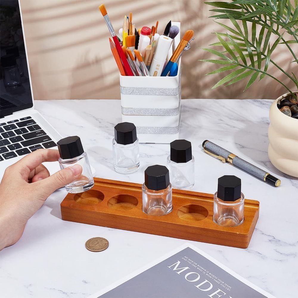 5-Hole Calligraphy Ink Pot Hol - Wooden Fountain Pen Desk Stand Holder 评论和价格