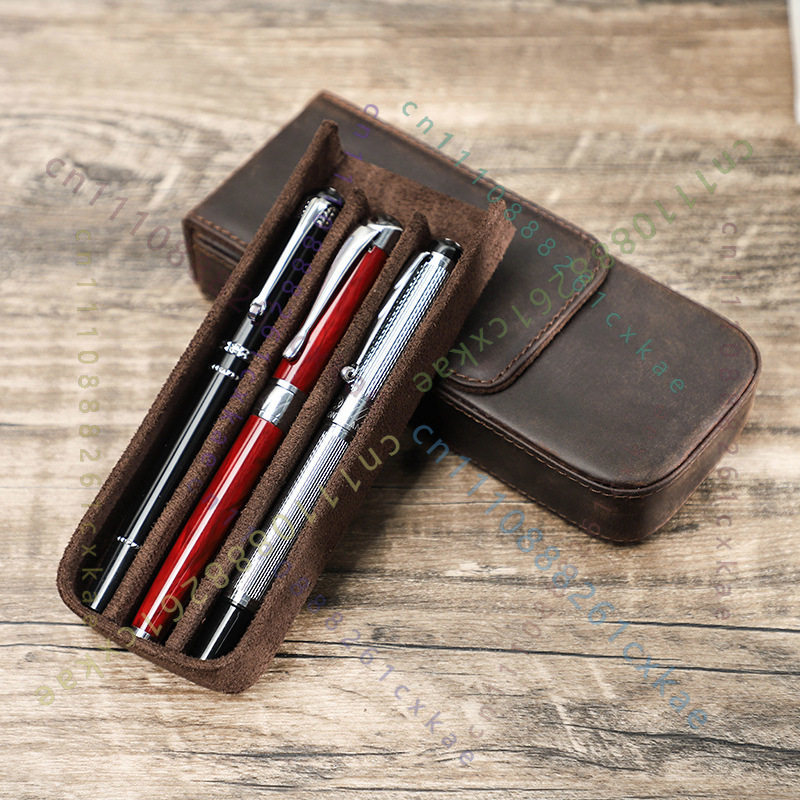 Vintage Crazy Horse Leather Pe - Leather Fountain Pen Case 3 Slots Pouch 评论和价格