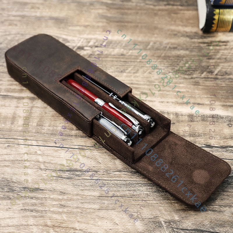Vintage Crazy Horse Leather Pe - Leather Fountain Pen Case 3 Slots Pouch 评论和价格