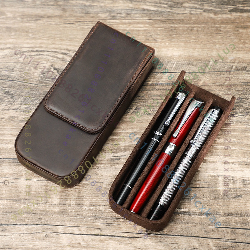 Vintage Crazy Horse Leather Pe - Leather Fountain Pen Case 3 Slots Pouch 评论和价格
