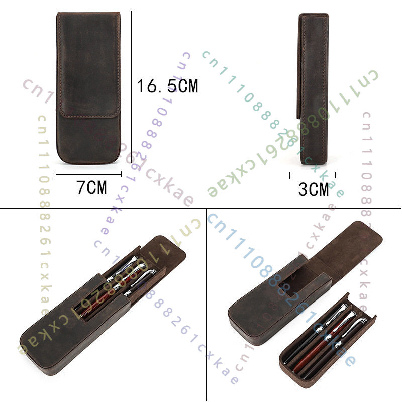 Vintage Crazy Horse Leather Pe - Leather Fountain Pen Case 3 Slots Pouch 评论和价格