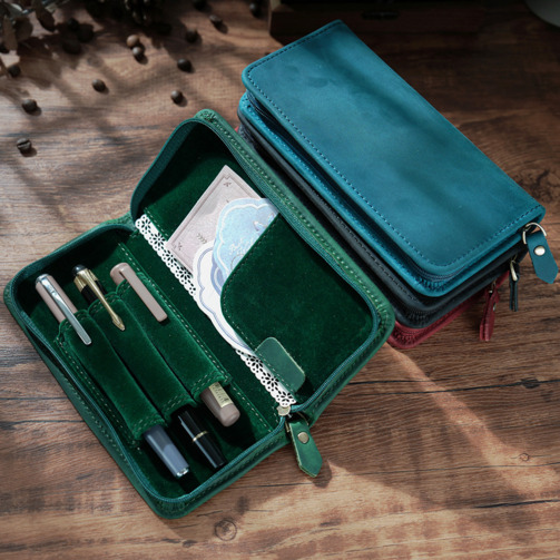 Crazy Horse Genuine Leather Pe - Leather Fountain Pen Case 3 Slots Pouch 评论和价格