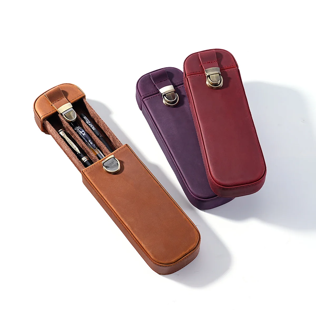 Full Grain Crazy Horse Leather - Leather Fountain Pen Case 3 Slots Pouch 评论和价格