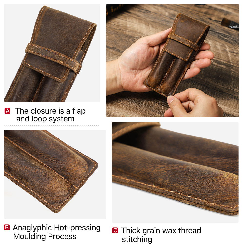 Genuine Crazy Horse Leather Pe - Leather Fountain Pen Case 3 Slots Pouch 评论和价格